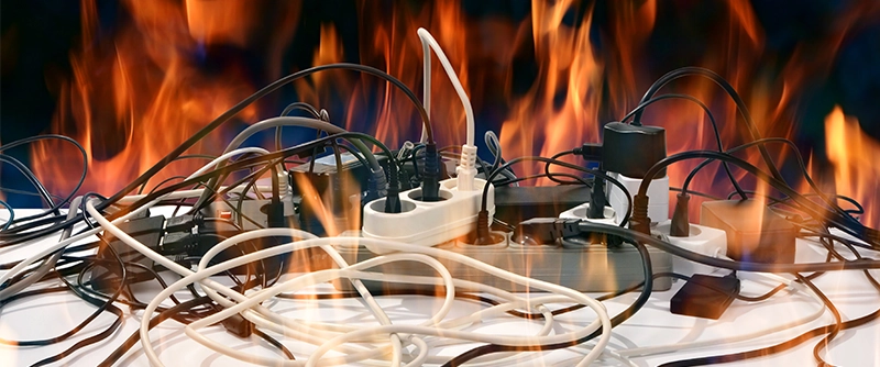 Electrical fire with too many plugs and cables to illustrate the importance of fire safety